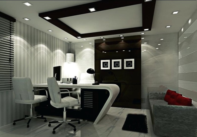 طراحی داخلی دفتر کار کوچک با نورپردازی خاص
