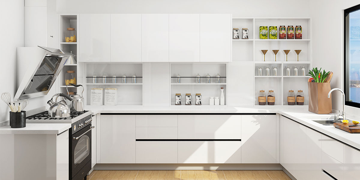دکوراسیون آشپزخانه به سبک مدرن؛ استفاده از کابینت صیقلی و بدون طراح